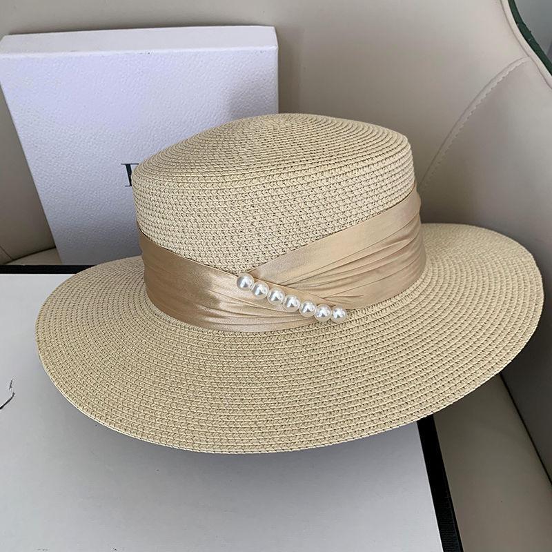 

Летняя французская элегантная пляжная соломенная шляпа для женщин, козырек, приталенная шляпа, Jazz Travel Pearl, женская повседневная панама, солнцезащитная шляпа M（56-58cm） бежевый