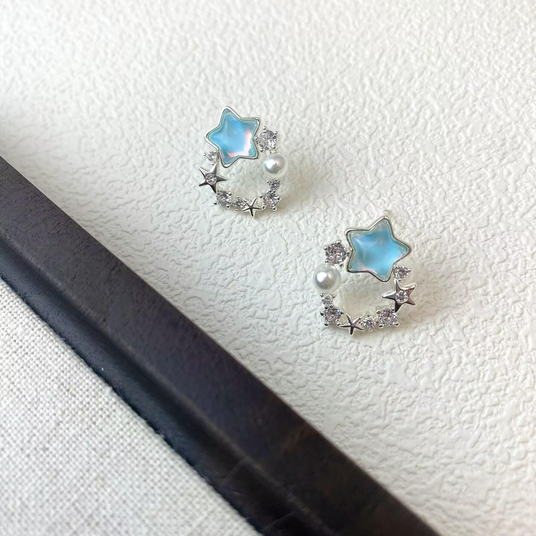 Blue Star Zircon Stud Earrings: Forest-Inspired, Elegant, Designer, Sweet, Fashionable, Versatile Ear Jewelry