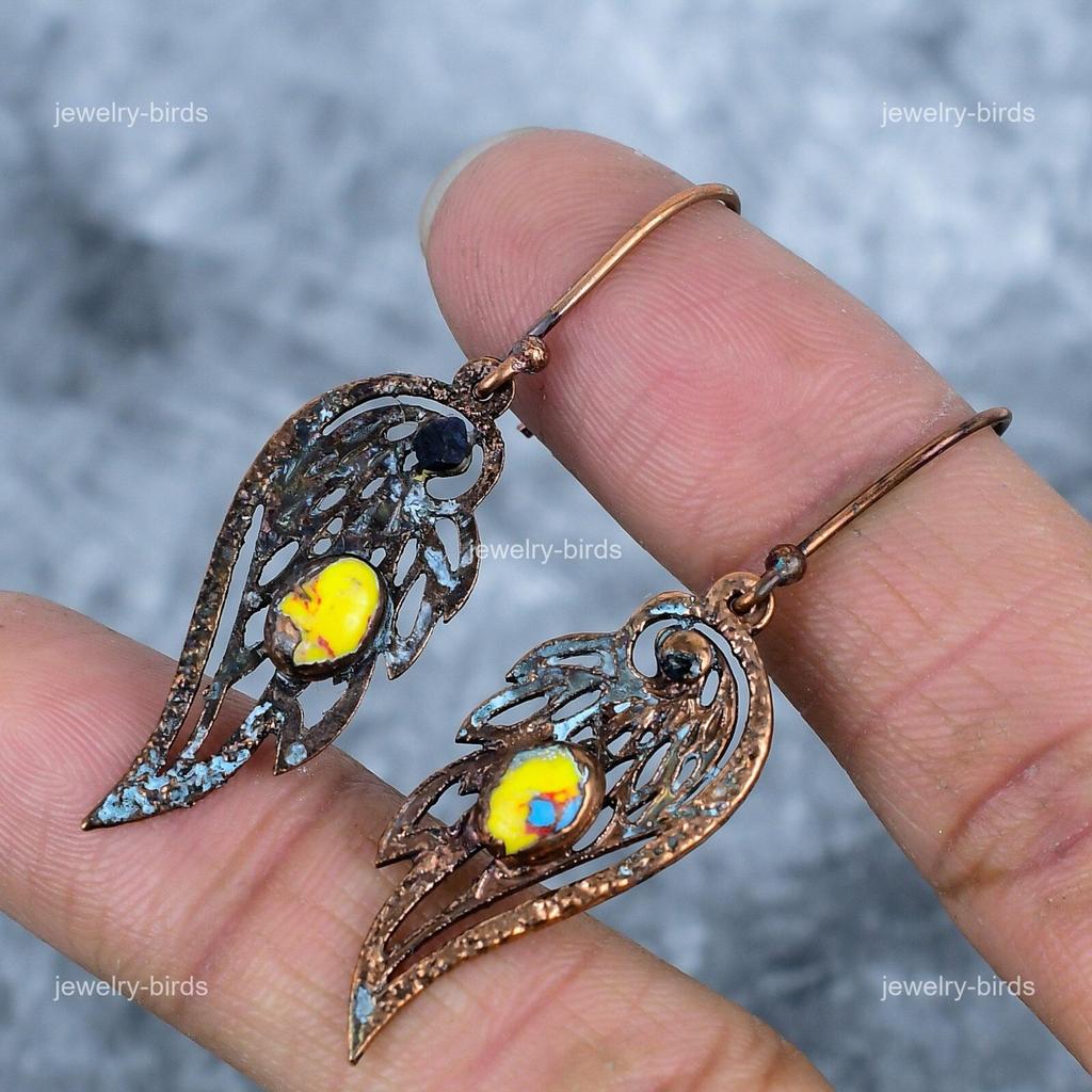 Yellow Agate Gemstone Copper Sisters Gift Electroformed Dangle Birthday Earrings VP-91