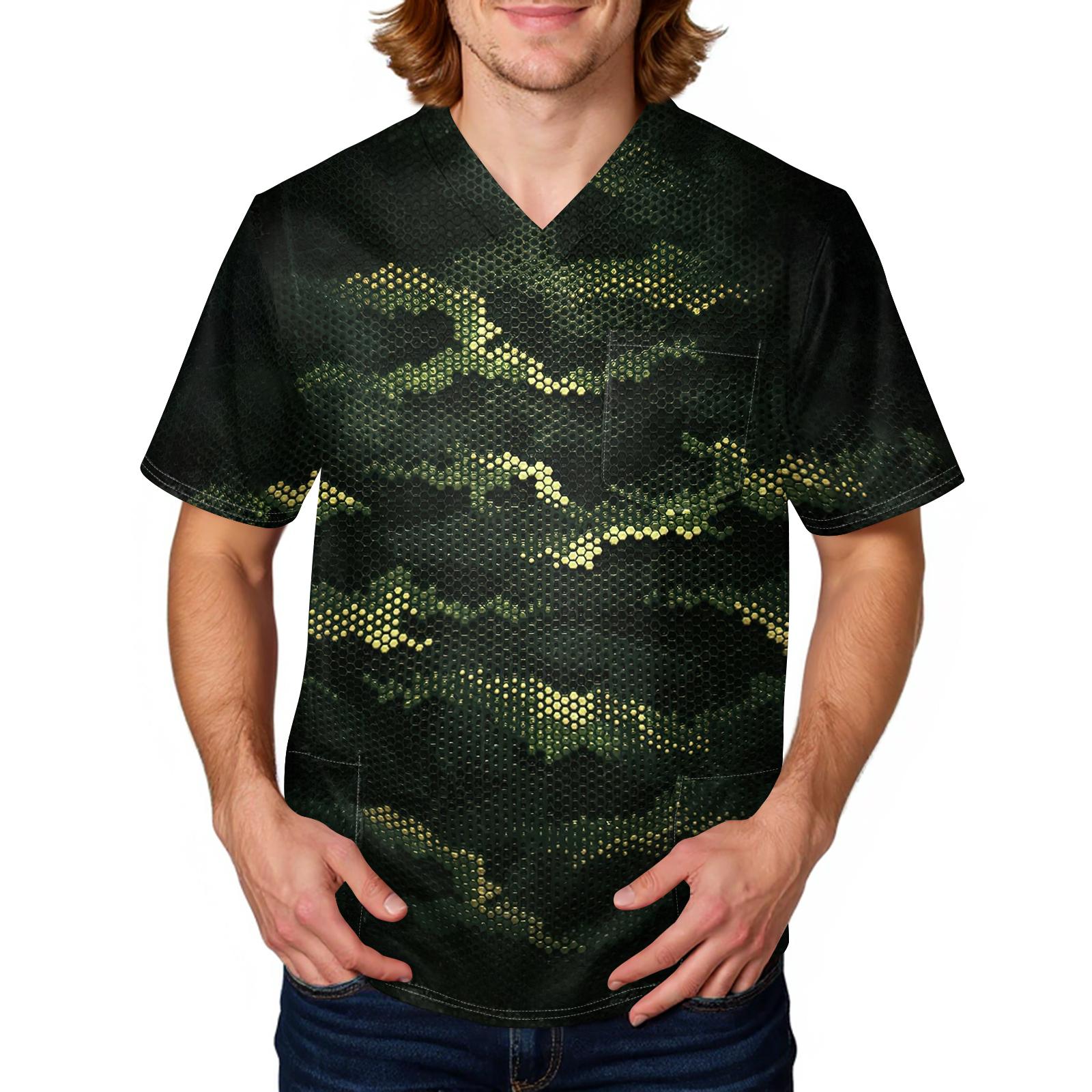 

Men’s Short Sleeve V Neck Scrub Top with Digital Camouflage Print Relaxed Fit Functional Pockets Durable Material XXXXL