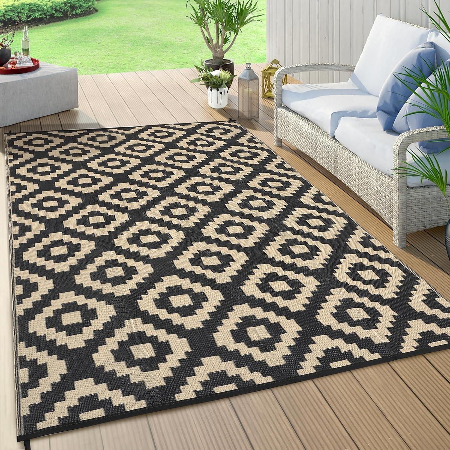 VIKAMA Waterproof Portable Garden Outdoor Rug Double-Sided Outdoor Carpet Camping Caravan Mat Modern Checkered Outdoor Rug 80cm x 140cm