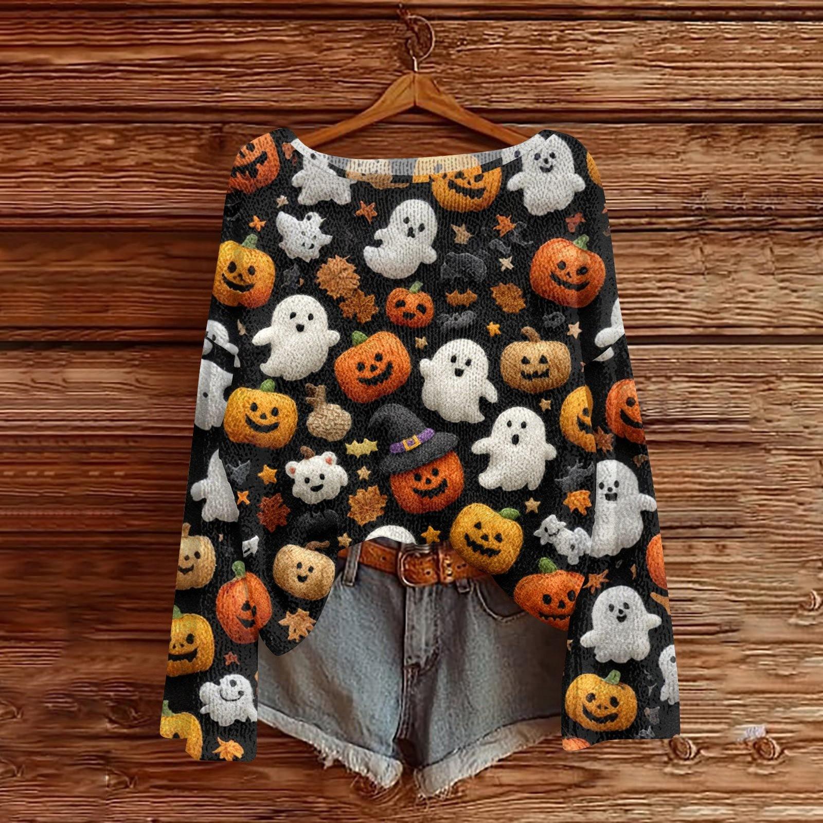 

Свитшоты на Хэллоуин для женщин, вязаный свитер, милая рубашка, осенний свитер с круглым вырезом, топы S чёрный