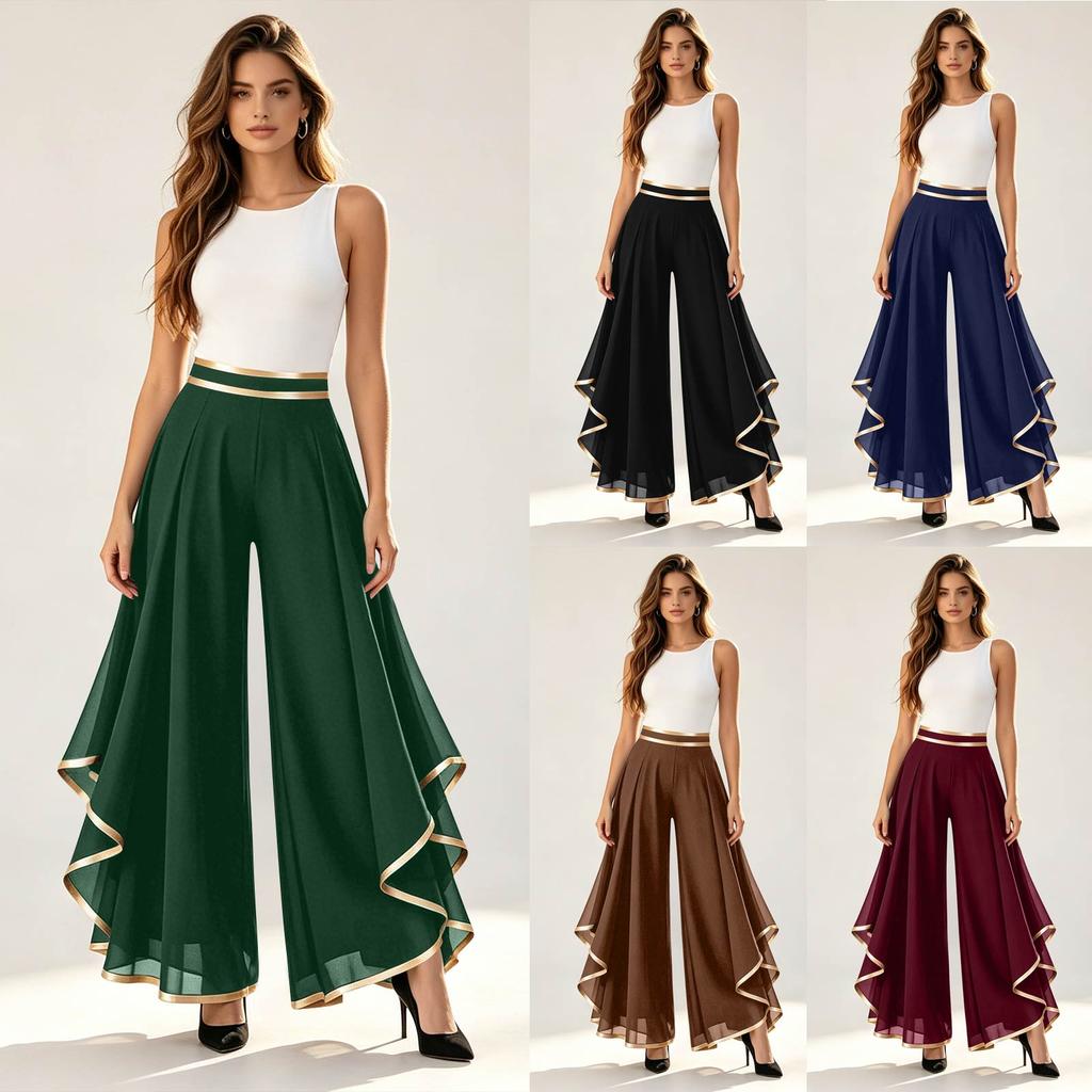 High Waist Wide Leg Pants Layered Chiffon Trousers with Contrast Trim and Casual Loose Fit for Women