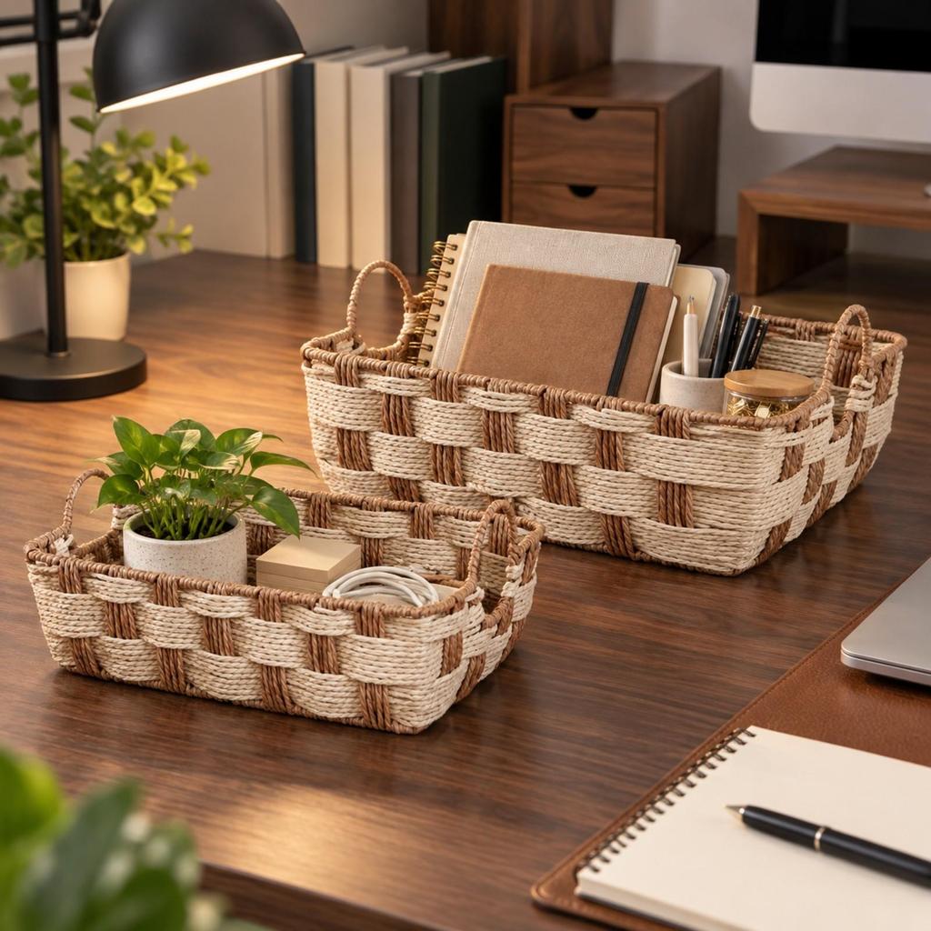 2 Pieces Paper Rope Woven Storage Basket Textured for Cosmetic Organization