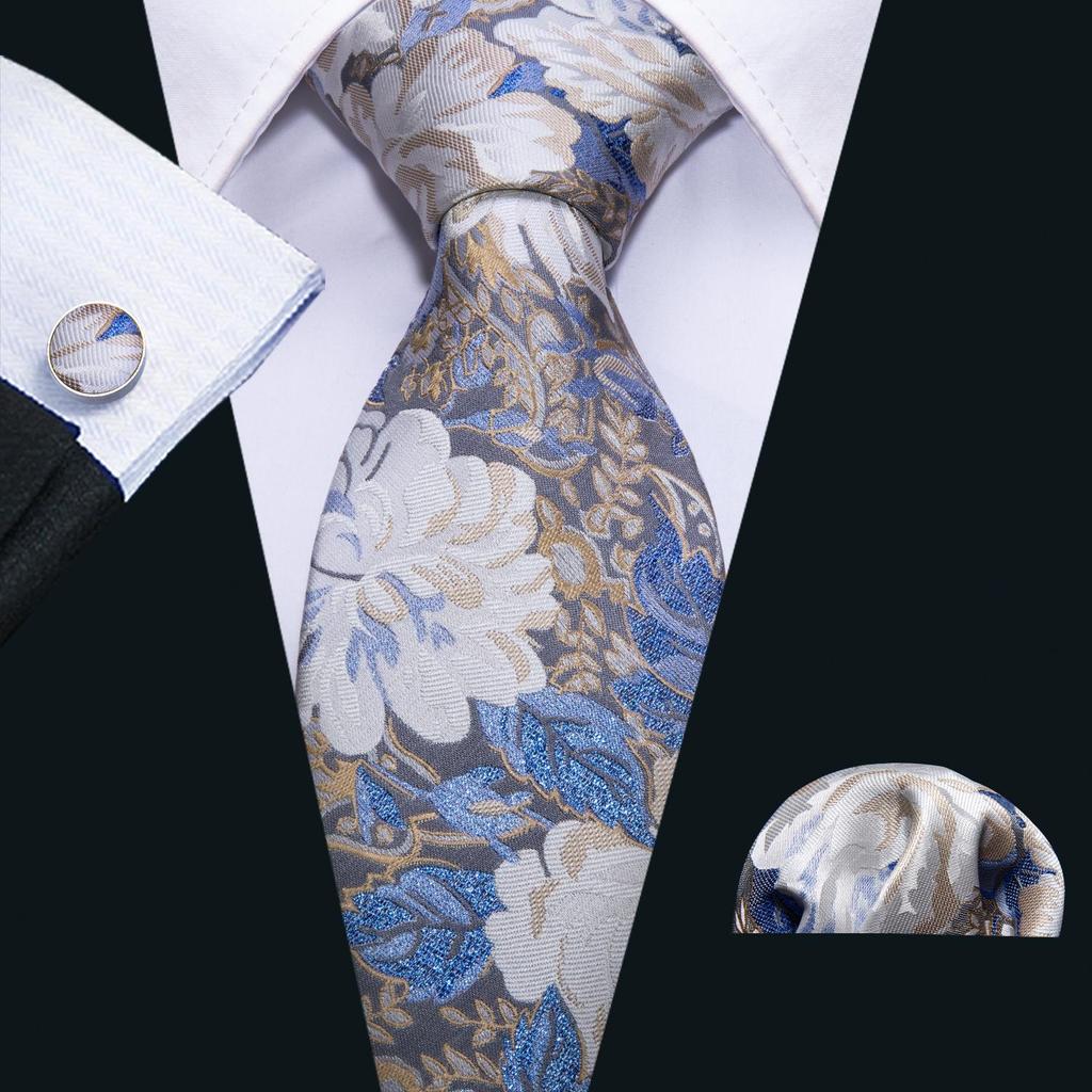 Barry Wang Formal Mens Paisley Silk Tie Set Mens Necktie Pocket Square Cufflinks Wedding