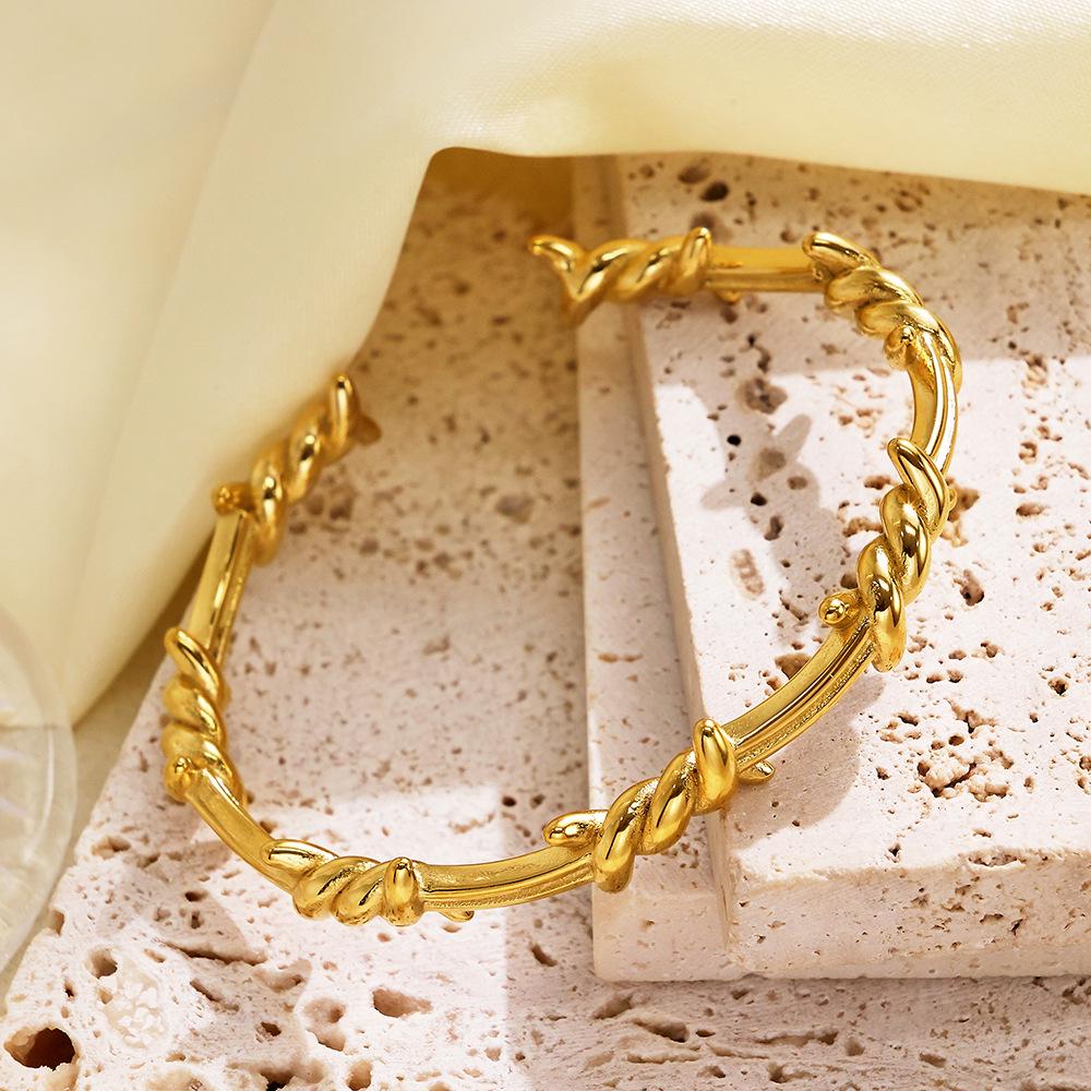 European Stainless Steel Open Cuff Bracelet for Women, Hammer Texture or Thorn Pattern Design, Light Luxury Style.