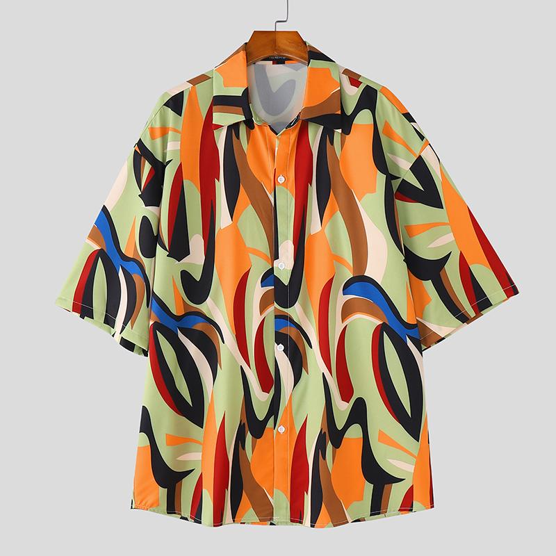 

INCERUN Oversized Summer Men Lapel Half Sleeve Colorful Print Beach Loose Hawaiian Shirts S зелёный