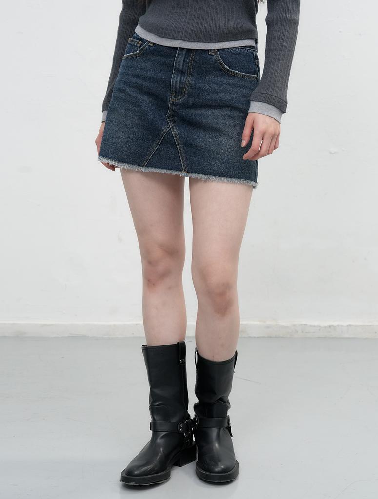 General Idea Low-Rise Cut Denim Mini Skirt [Dark Blue] / Wbe3L13504