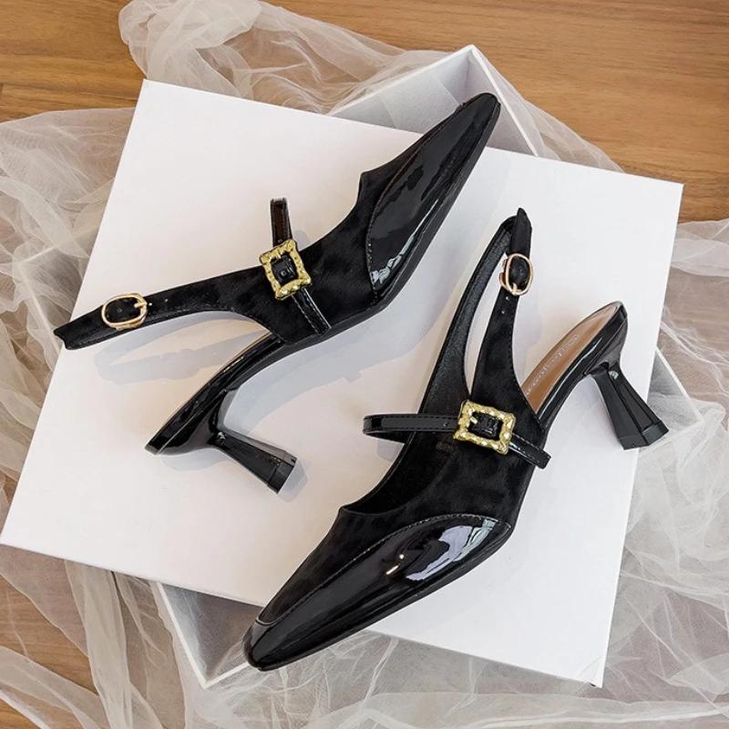 

Fashion High Quality Leopard Patent Leather Design Heeled Sandal Women Luxury Square Toe Buckle Back Strap Pumps Elegant Zapato De Mujer 40 чёрный
