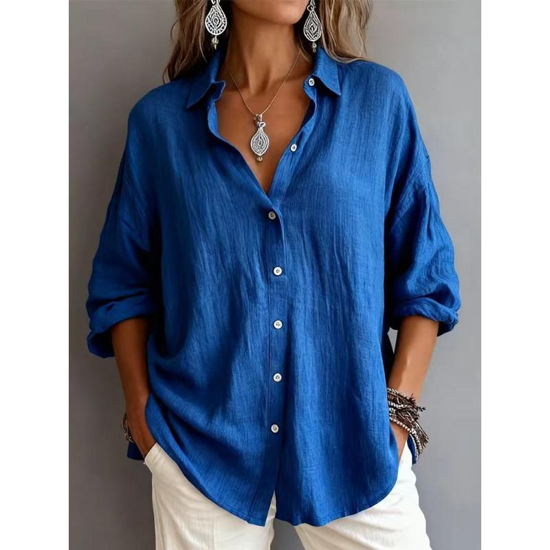 Autumn New Women's Casual Loose Fashion Solid Color Long-sleeved Lapel Cardigan Shirt