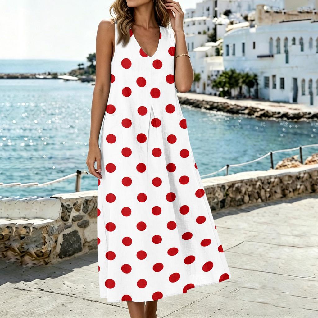 Sleeveless V Neck Dress with Side Pockets and Side Slits Polka Dot Pattern Cotton Linen Blend Casual Midi Dress for Women