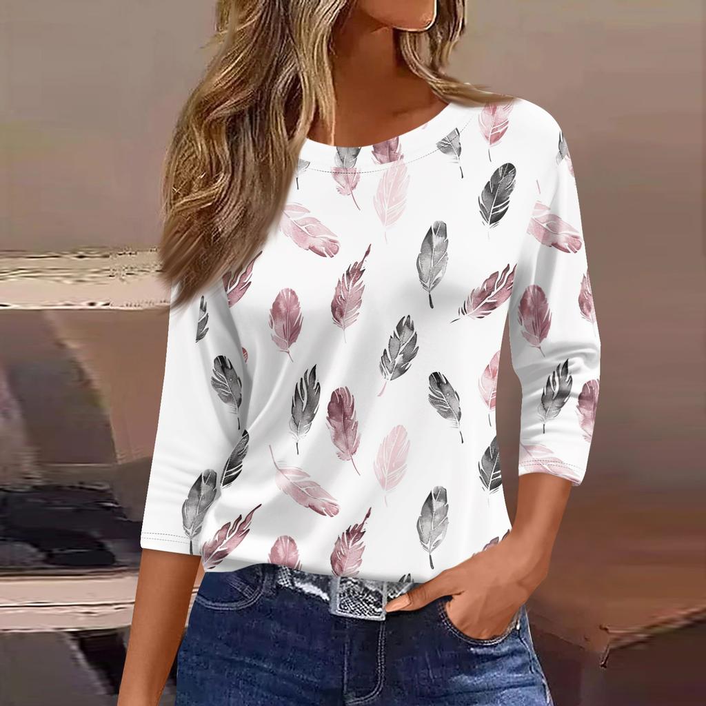 Women's Three-Quarter Sleeve Shirt, Round Neck, Loose Fit, Casual Shirt, Floral Print T-Shirt, Summer