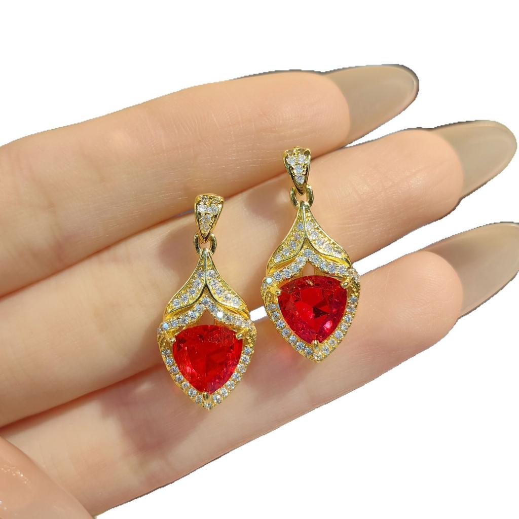 Vintage Light Luxury Full Diamond Fat Triangular Red Diamond Pendant Set, Advanced Sense Paraiba Lake Water Green Earrings Ring For Women