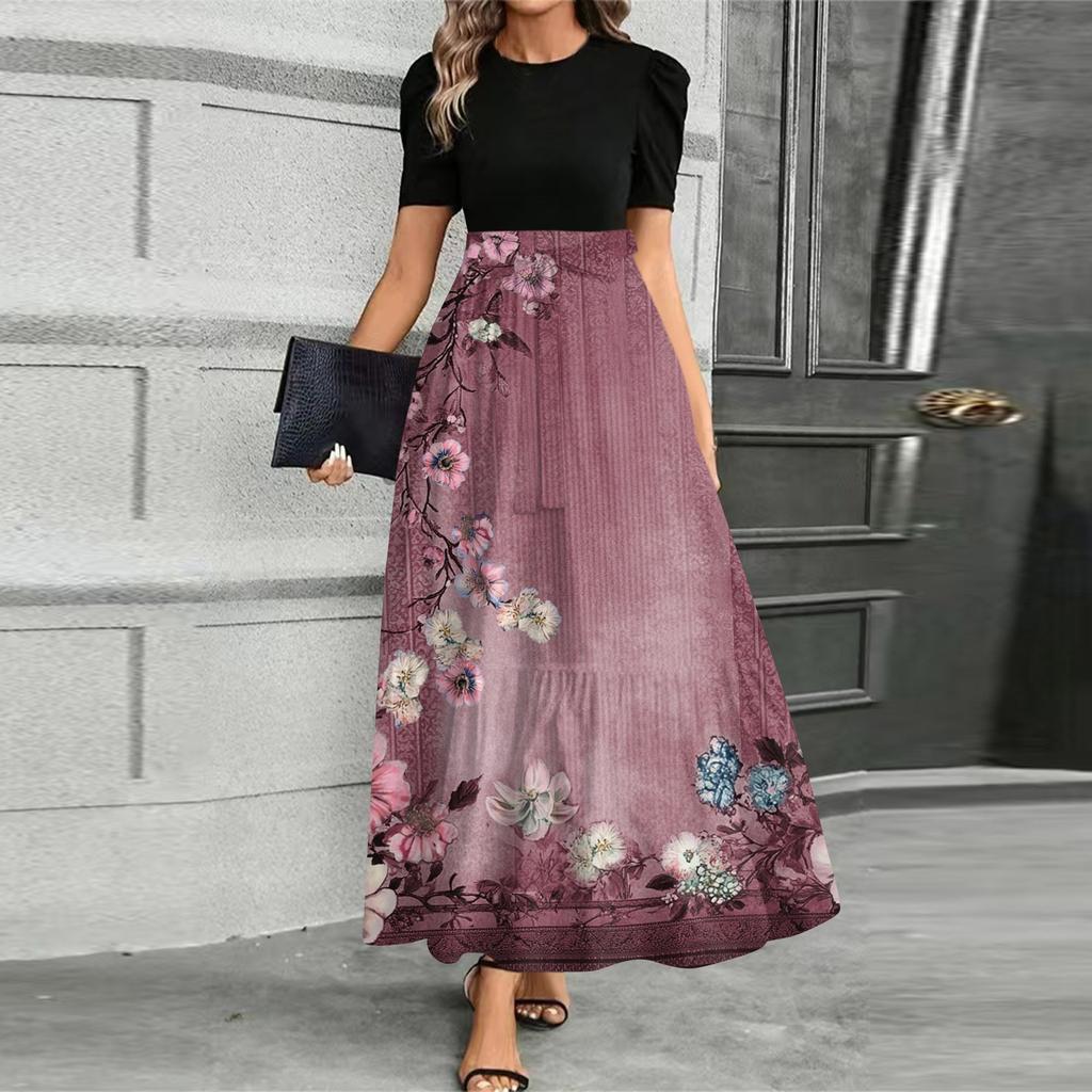 Women's Fashionable Casual Belt Short Sleeved Round Neck Print Elegant Temperament Dress
