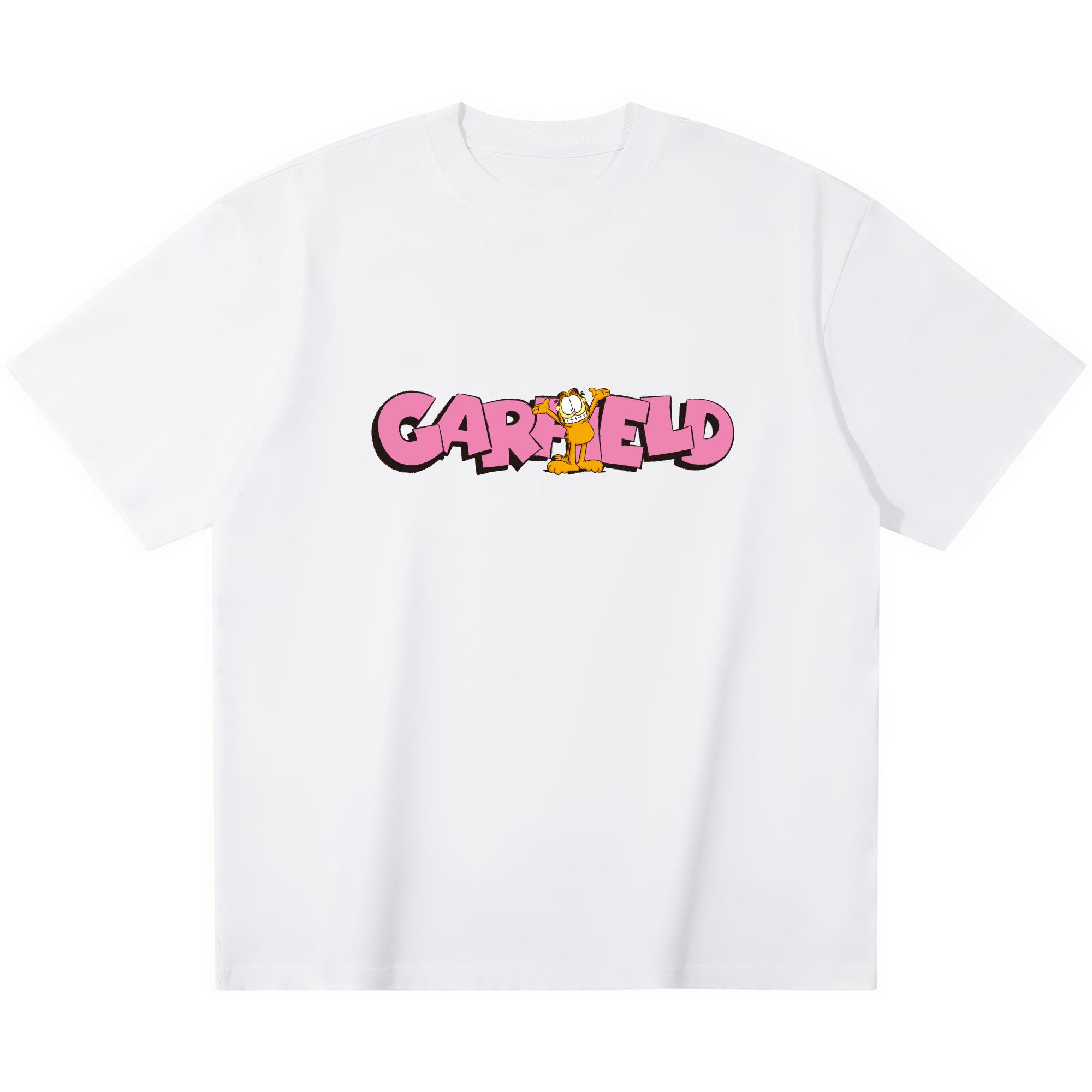 Garfield Pink  GARFIELD  Letter Smiley Face Print Short Sleeve T-Shirt, American Streetwear Brand Heavyweight Cotton Loose Fit Oversized Couple Top S