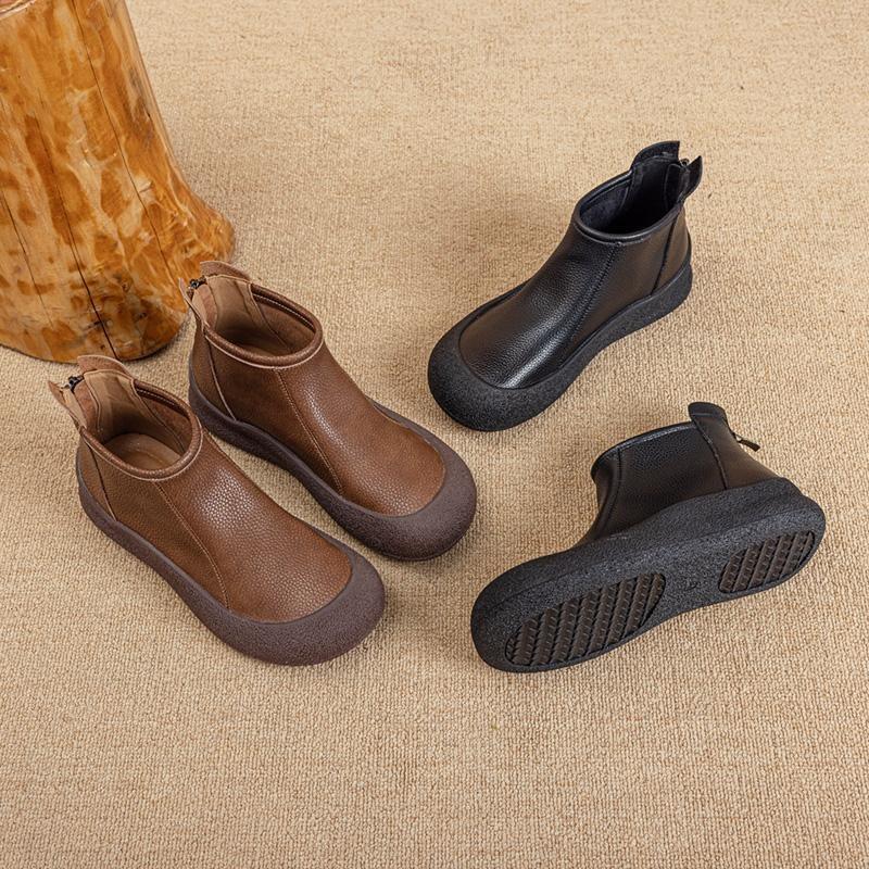 Dames Laarsjes Retro Herfst Echt Leer Plat Dames Enkellaarsjes Ronde Neus Casual Grote Maat Dames Schoenen Laarzen