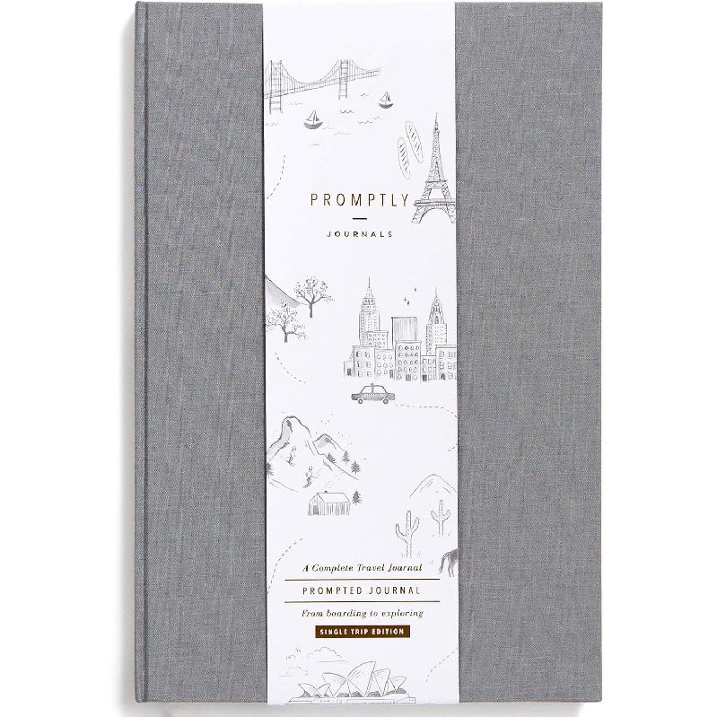 Promptly Journals, A Complete Travel Journal: From Boarding to Exploring (Grey Tweed, Linen) | Vacation Journal | Travel Memories Journal | Road Trip