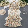 French romantic style print V-neck horn sleeve dress women's summer thin temperament cake dress beautiful fairy dress