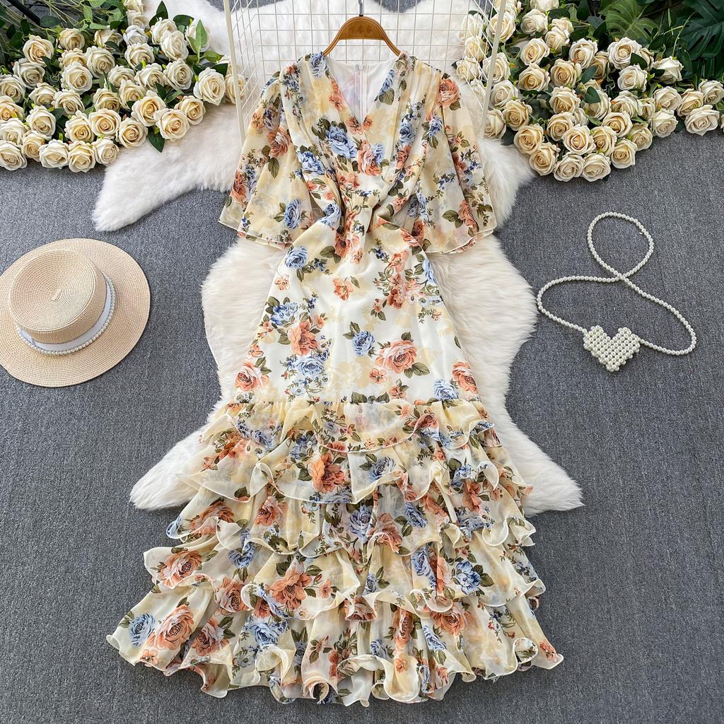 French romantic style print V-neck horn sleeve dress women's summer thin temperament cake dress beautiful fairy dress