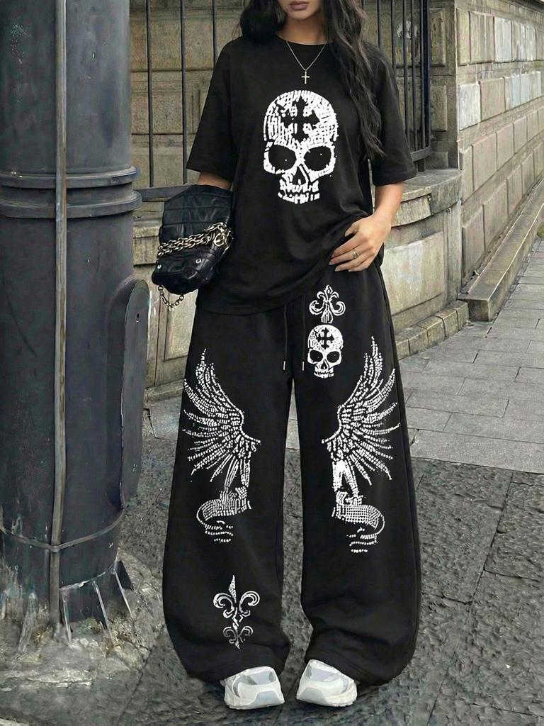 Amerikanischer Retro Street Trend Cool Buchstabendruck Kurzarm-T-Shirt Weite Hosen Set Damen Lässig Locker Sport Zwei Teile