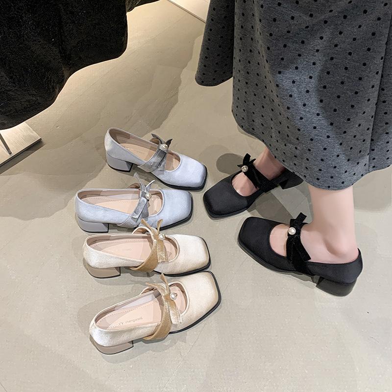 Gentle Fairy Style Mary Jane Shoes 2025 Spring French Temperament Elegant Satin Bow High Heels Evening Shoes