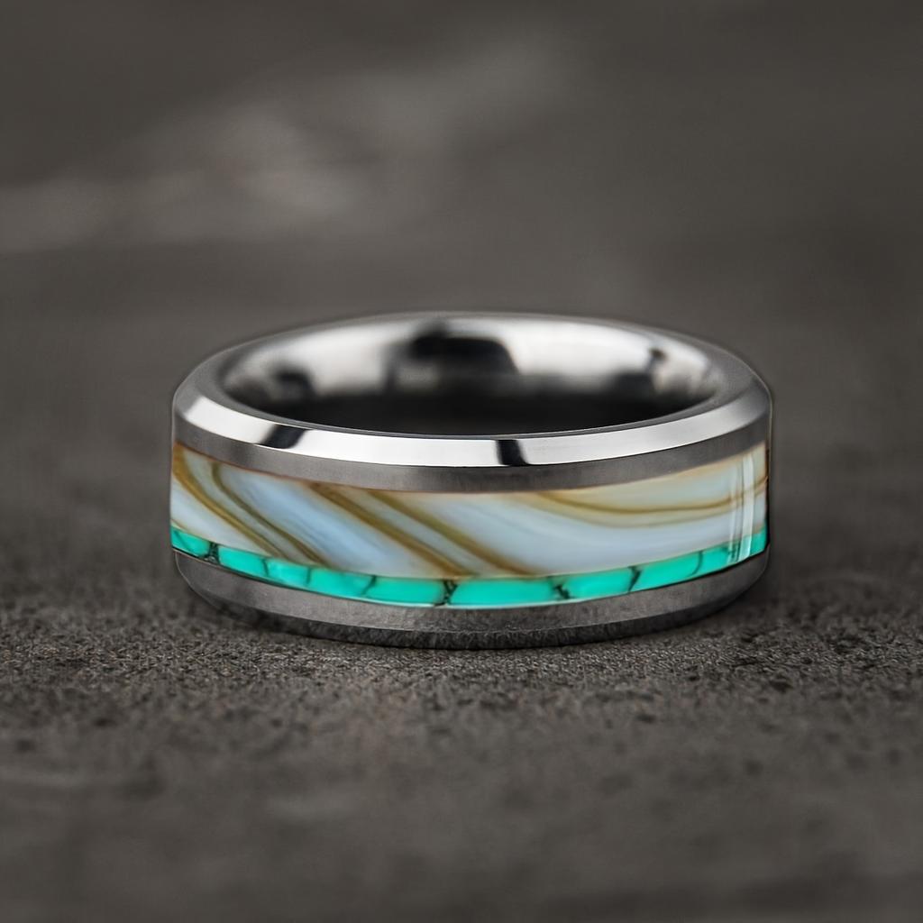 Fashion 8mm Men Stainless Steel Ring with Turquoise and Marble Stones Inlay Rings for Men Women Wedding Jewelry Drop Shipping
