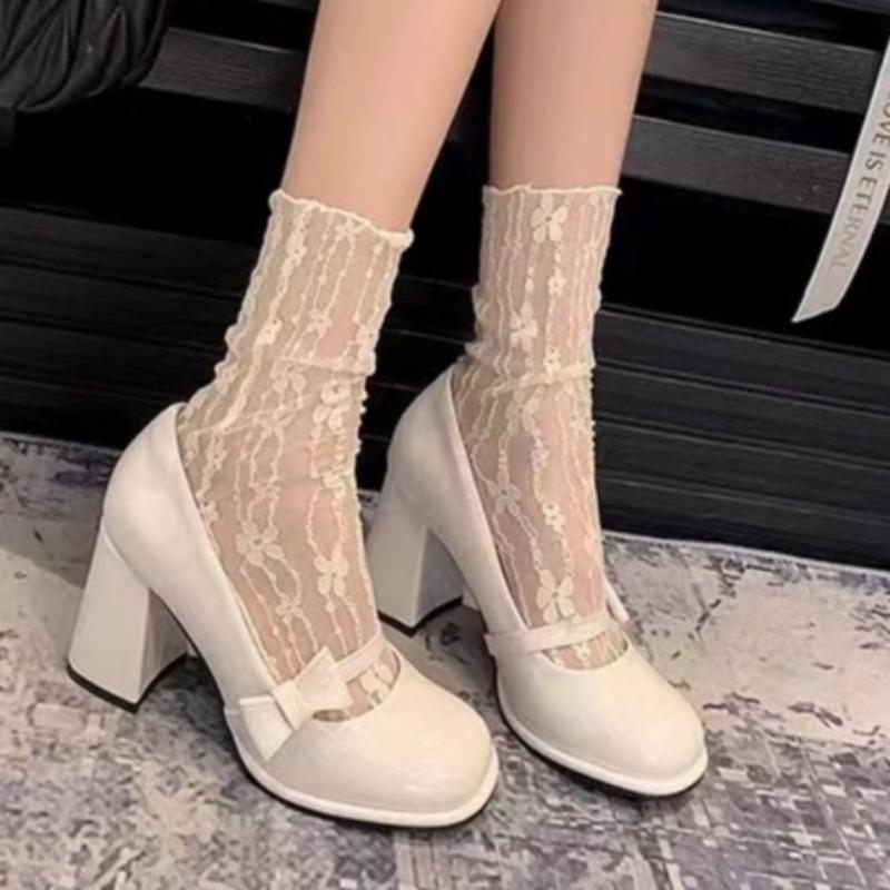 

Fashion Coarse Heel Shoes Spring New Round Head Shallow Mouth Butterfly Knot Set Foot Waterproof, Non-slip Wear-resistant High Heels 35 белый