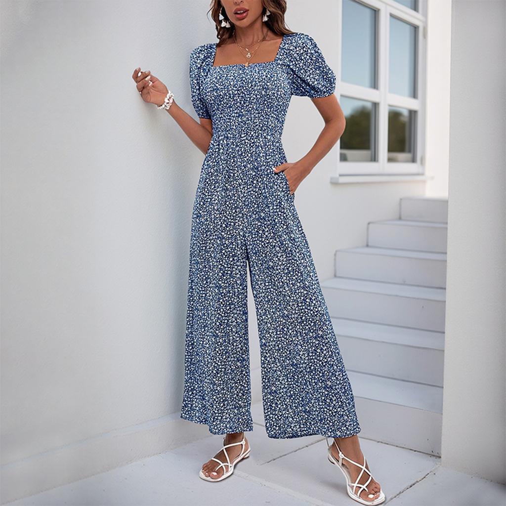 Women's Square Neck Puff Sleeve Wide Leg Printed Jumpsuit