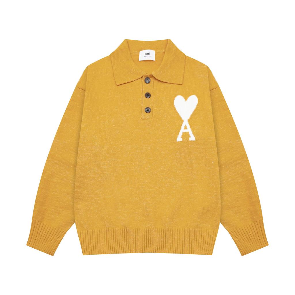 AMI Autumn and Winter New Big Heart Jacquard Wool Ami De Coeur Polo Collar Pullover Couple Sweater