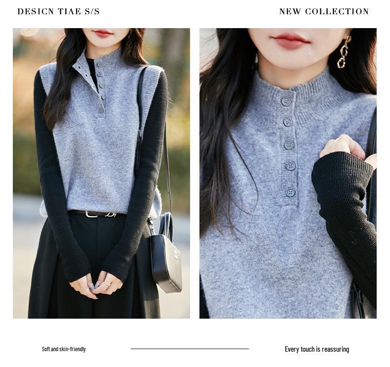 Women's 100% Wool Half-Open Button-Up Knit Vest - Sleeveless, Versatile, Solid Color Pullover with Half-High Collar