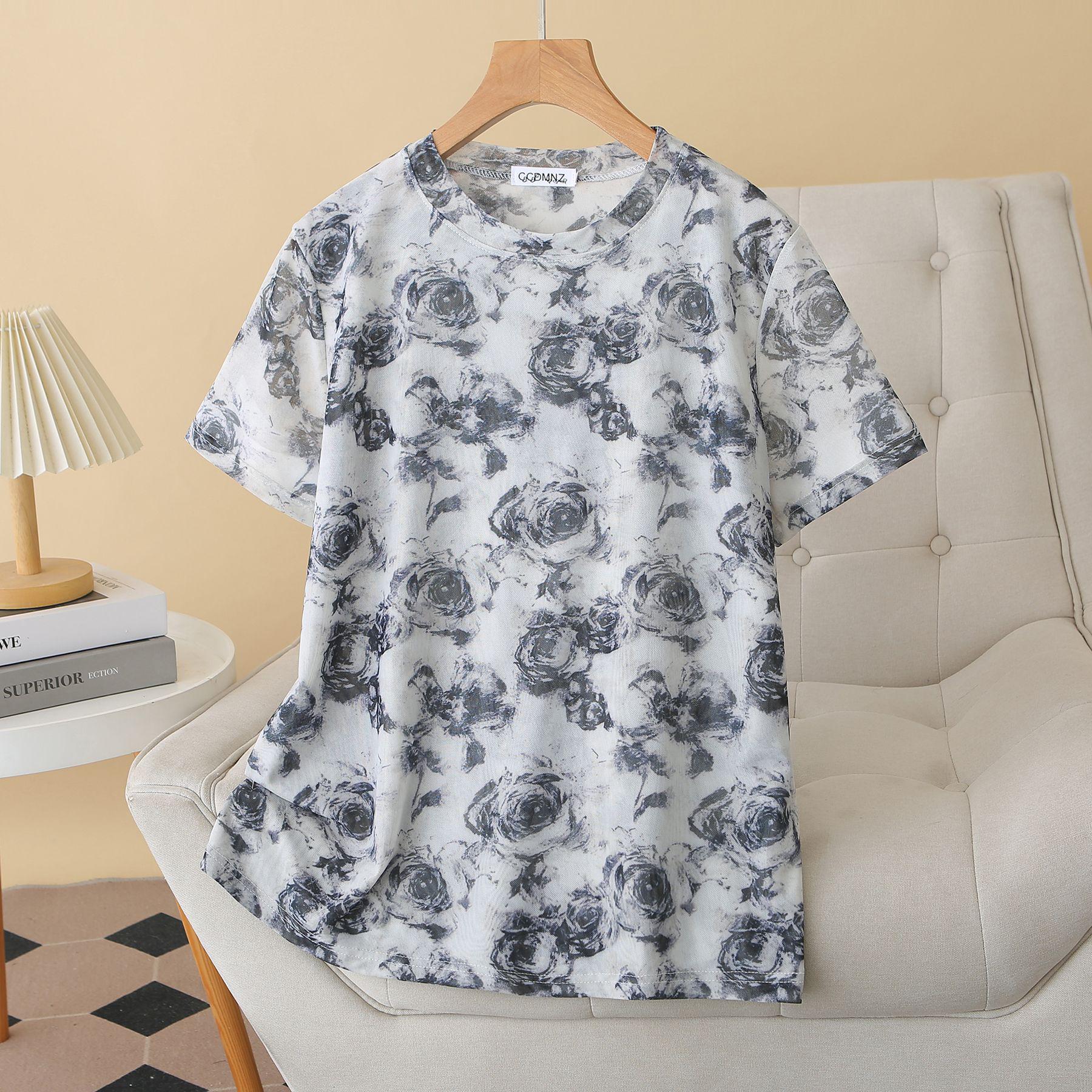 

2026 Plus Size Mesh Short Sleeve Blouse - Women s Slimming Round Neck Printed Top 4XL