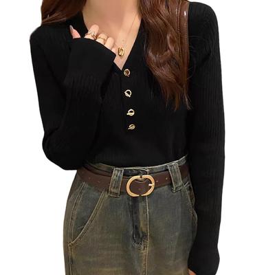 Ishihara liacceai Suéter Longo Perfeito para Outono e Inverno Feminino em Malha Canelada, Gola V, Manga, Leve, Top, Casual, Estiloso, Emagrecedor,