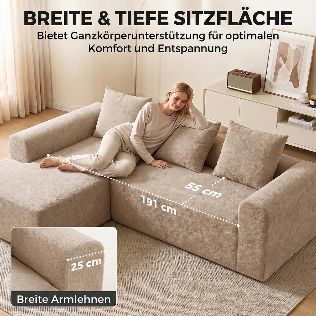 Corner Sofa with Chaise Longue, Frameless L-Shaped Cloud Sofa in Chenille, Deep Seat, Pocket Springs, Beige