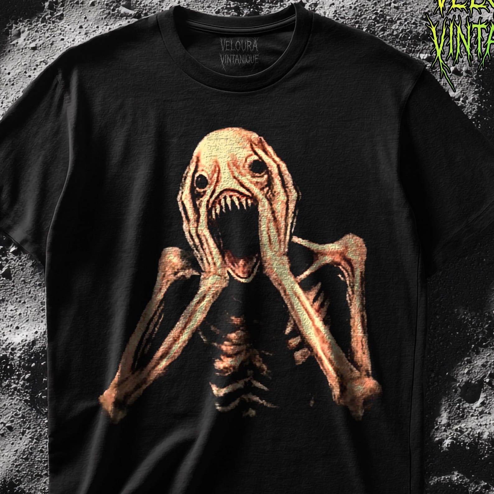Scary Skeleton Monster T-Shirt, Creepy Analog Horror Tee XL