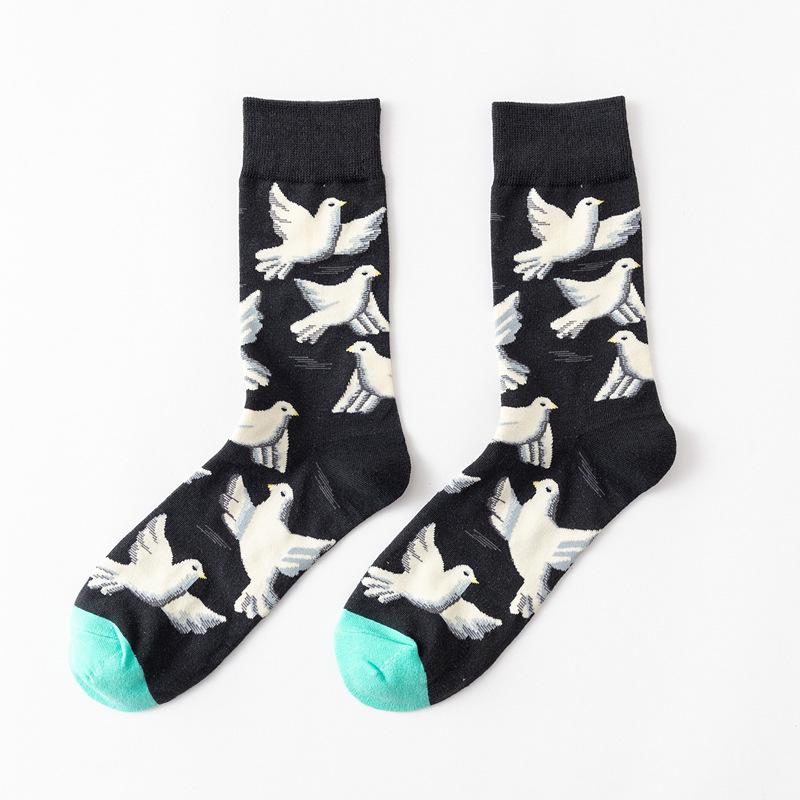 Módní pánské ponožky Česané bavlněné ponožky Kreslené zvíře Pták Květ Geometrické Novelty Crew Socks