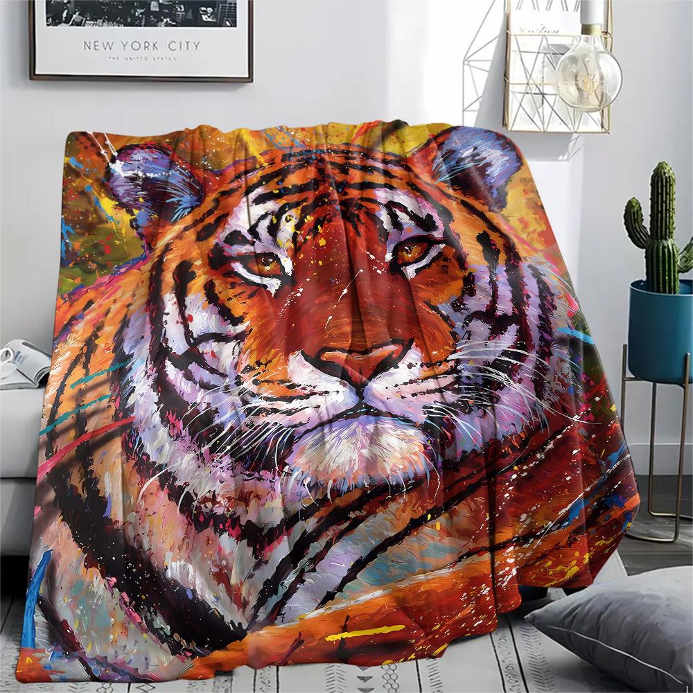 1Pc Tiger Fox Art Print Flannel Blanket, High Quality Comfortable for All Seasons, Home Decor, Warmth and Comfort, Perfect for Gifts