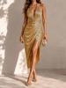 European and American Sexy Waist Hanging Neck Halter Split Fork Solid Color Sleeveless Dress Dress Women's Clothing