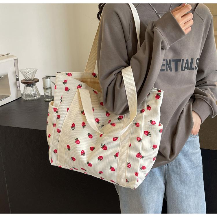 Strawberries Corduroy Handbag Sweet Women's Bag Fashionable Versatile Shoulder Bag Beautiful Simple Commuter Women's Tote Shopping Bags