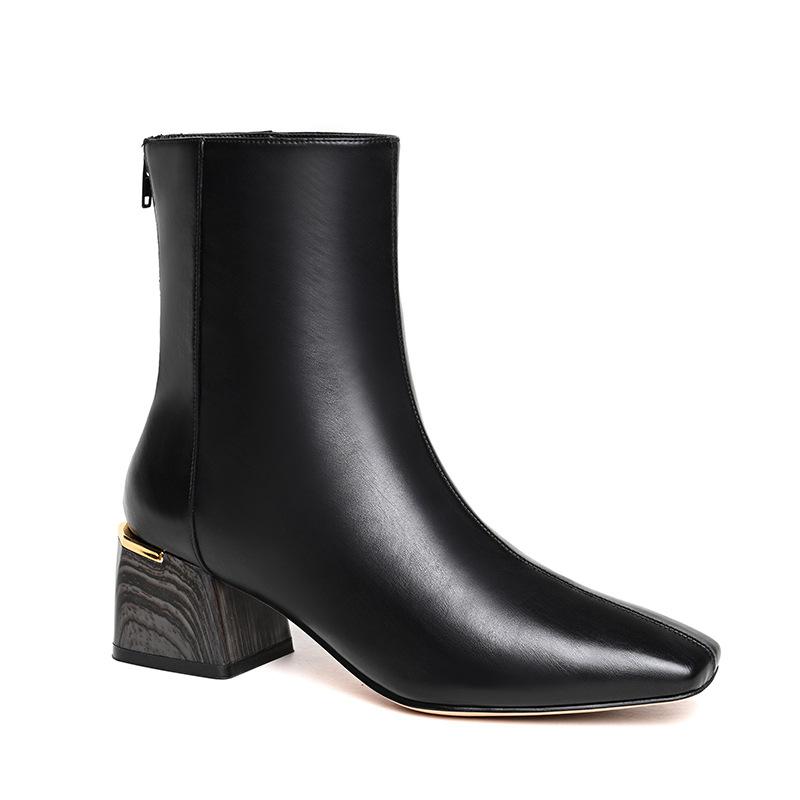 Полностью кожаный стиль ботинки челси 2025 новый толстый высокий каблук квадратный носок женская обувь ботинки-сигареты коричневые короткие ботинки 35 чёрный 7299₽