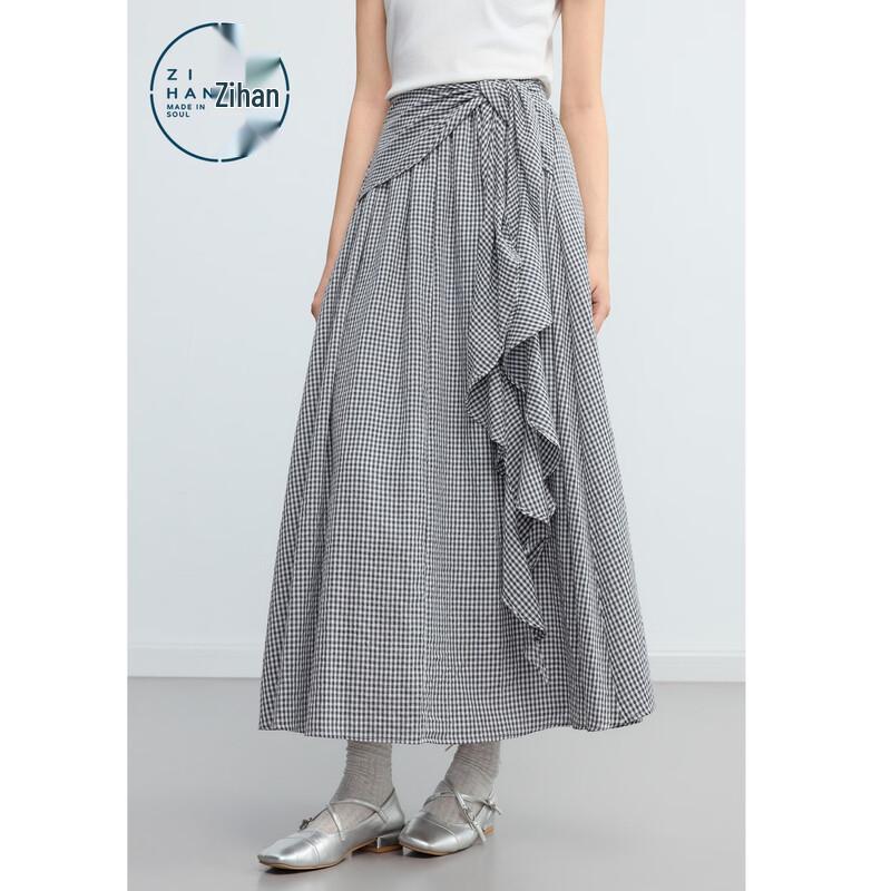ZIHAN Women s High-Waist Gingham Ruffle A-Line Skirt S