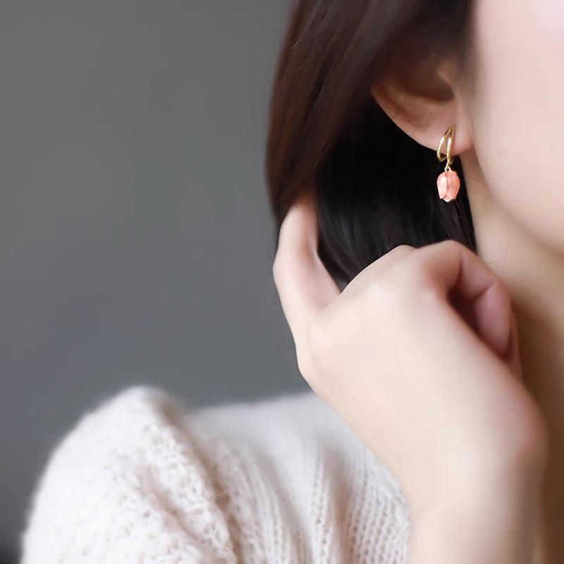 Luxury Europe and America, flower earrings, pink tulip oil earrings, high temperament sweet girl earrings