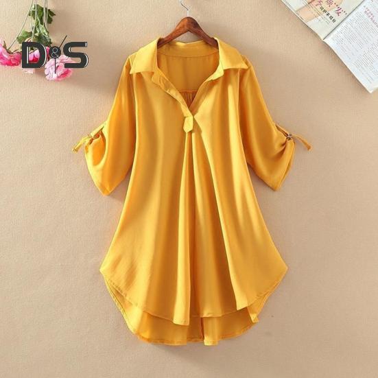 Dámská košile s klopou, poloviční rukáv, střední délka, ležérní topy, jednobarevná, vypasovaná v pase, volný střih, šifonová halenka, pro každodenní nošení