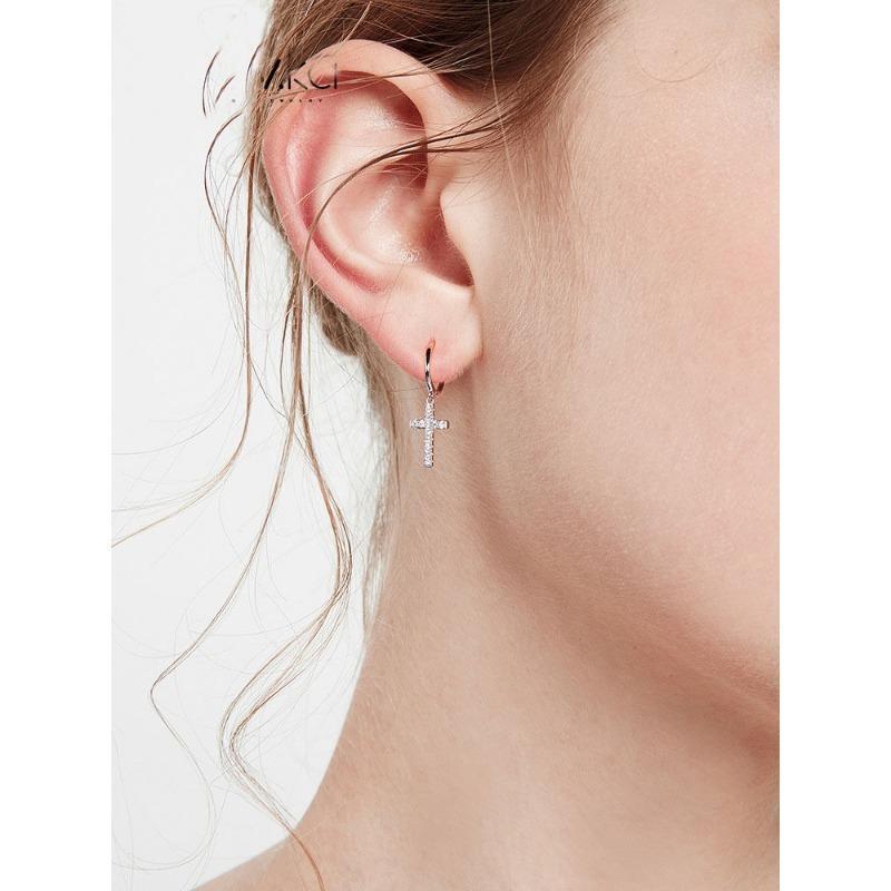 Women 925 Silver Cross Rhinestone Inlaid Hoop Dangle Earrings