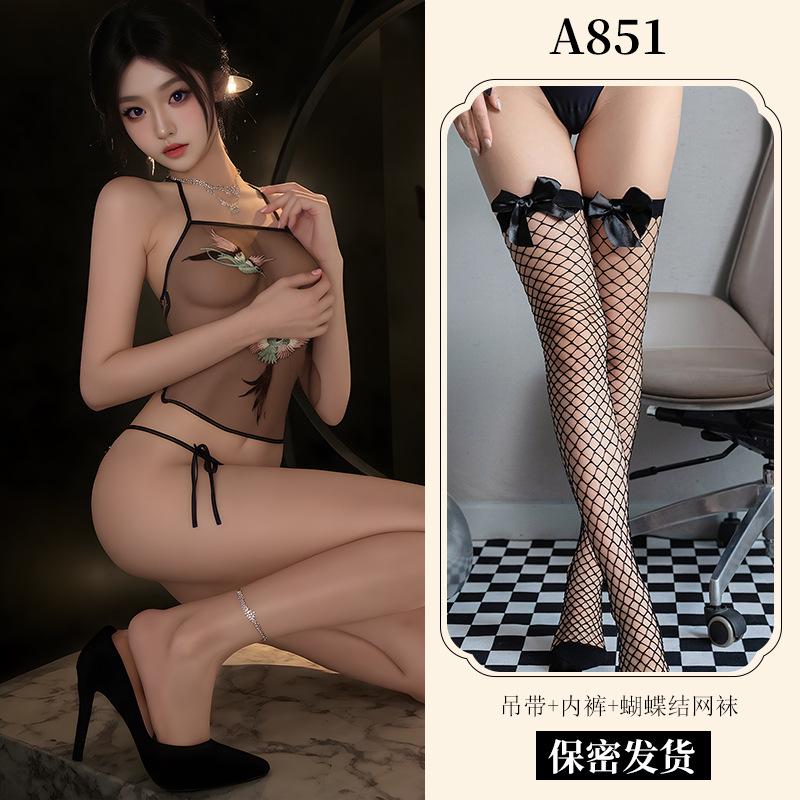 Sex Underwear Pure Desire Transparent Mesh Embroidery Suspender Belly Pocket Strap Panty Set Battle Robe Pajamas A
