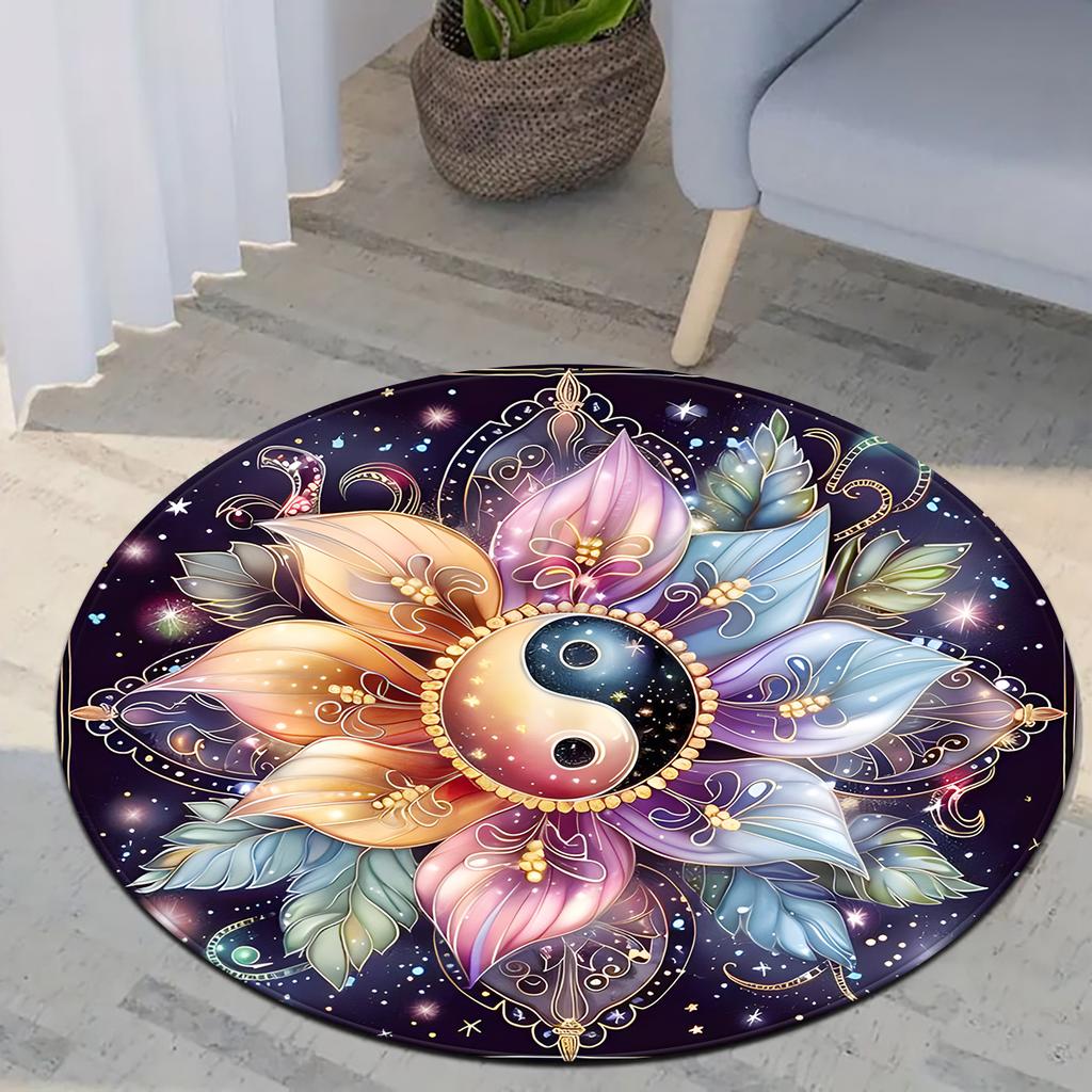 Tai Chi Yin Yang Lotus Round Rug, Colorful Non-Slip Fade-Resistant Circular Carpet for Bedroom and Living Room Decor