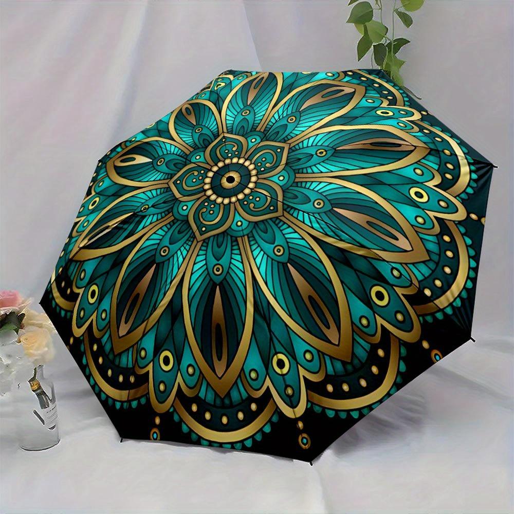Automatic Open/Close Folding Umbrella with Mandala Design - Turquoise, Golden & Teal Patterns, Compact Travel Umbrella with St