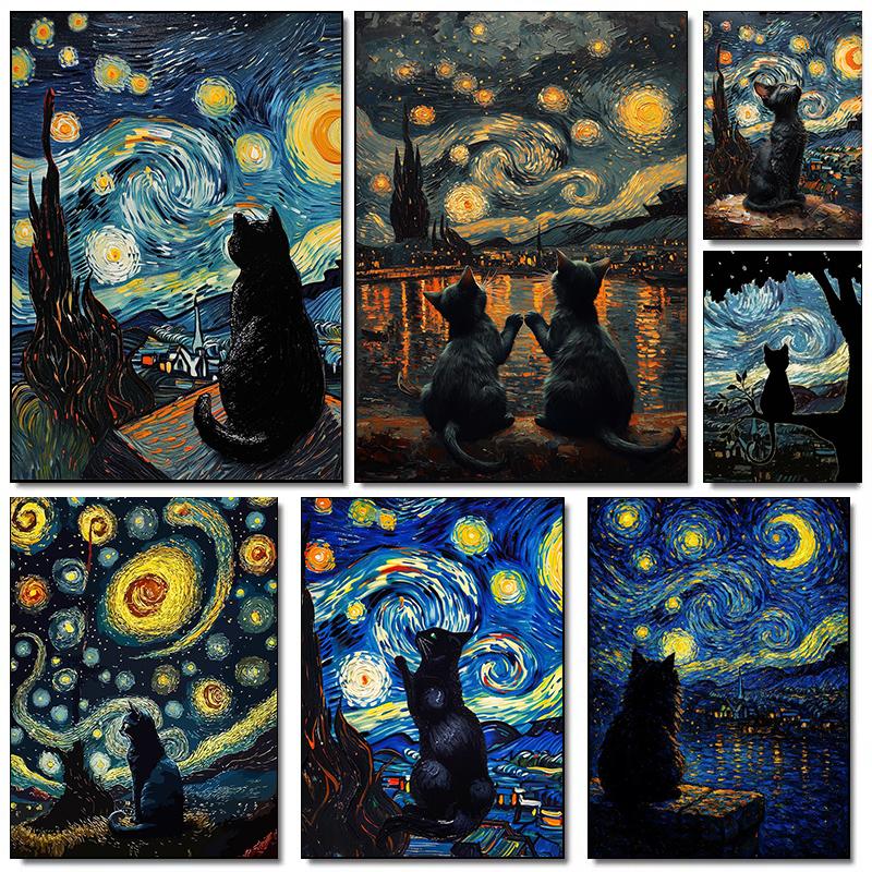 Black Cat Under The Sky Starry Night Series Theme Canvas Printing Fashion Populars Colors Mural Studio Home Decoration Art Gifts