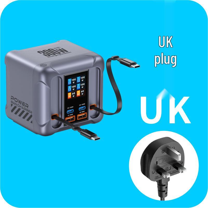 High-Power GaN Multi-Port PD3.1 Fast Charging Station for Phones & Laptops 300W with Retractable Cable + UK Plug серебряный серый