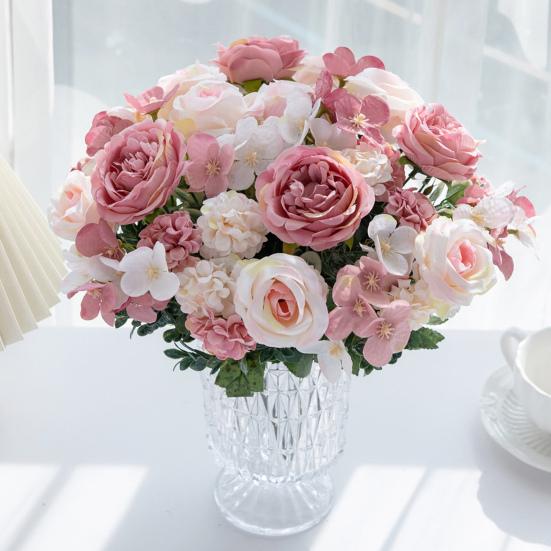Artificial Rose Bouquet Realistic Fake Silk Flower with Green Leaves Home Wedding Party Table Centerpiece Indoor Outdoor Faux Bloom Decoration