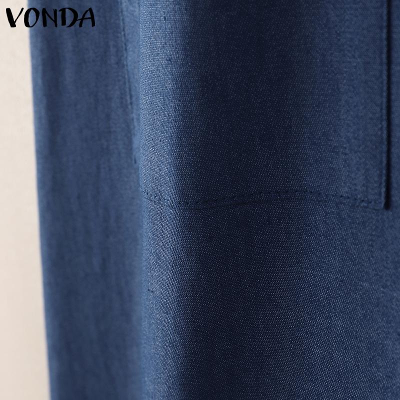 VONDA Women Round Neck Sleeveless Solid Color Casual Long Tunic Dress